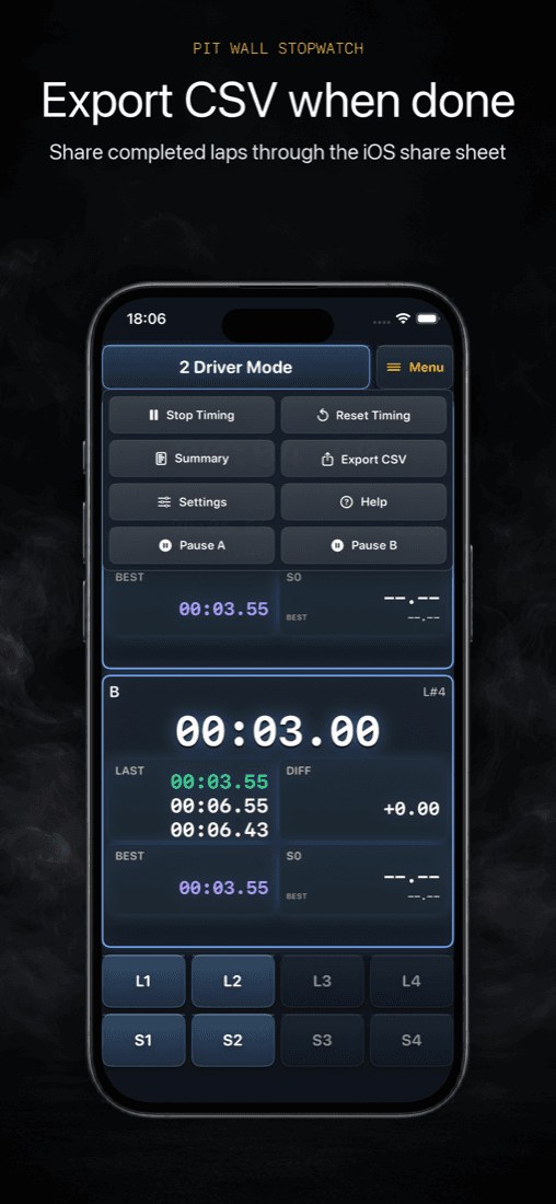 Pit Wall Stopwatch export CSV screenshot